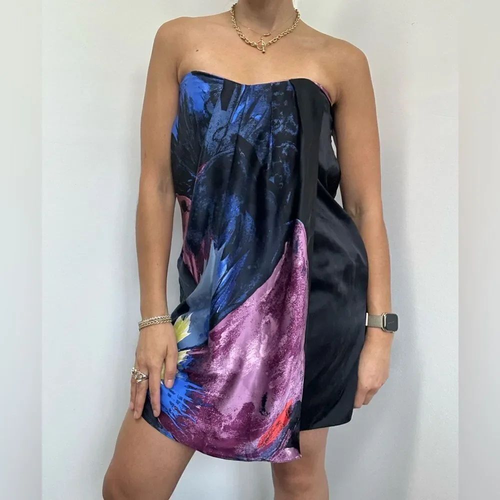 Tibi Vintage Multi-color 100% Silk Strapless Wrap Dress Sweetheart Neck Size 4